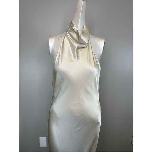 NWT Amanda Uprichard Cowl Halter Neck Open Back Silk Rainier Gown Chalk Medium $ - Picture 6 of 12